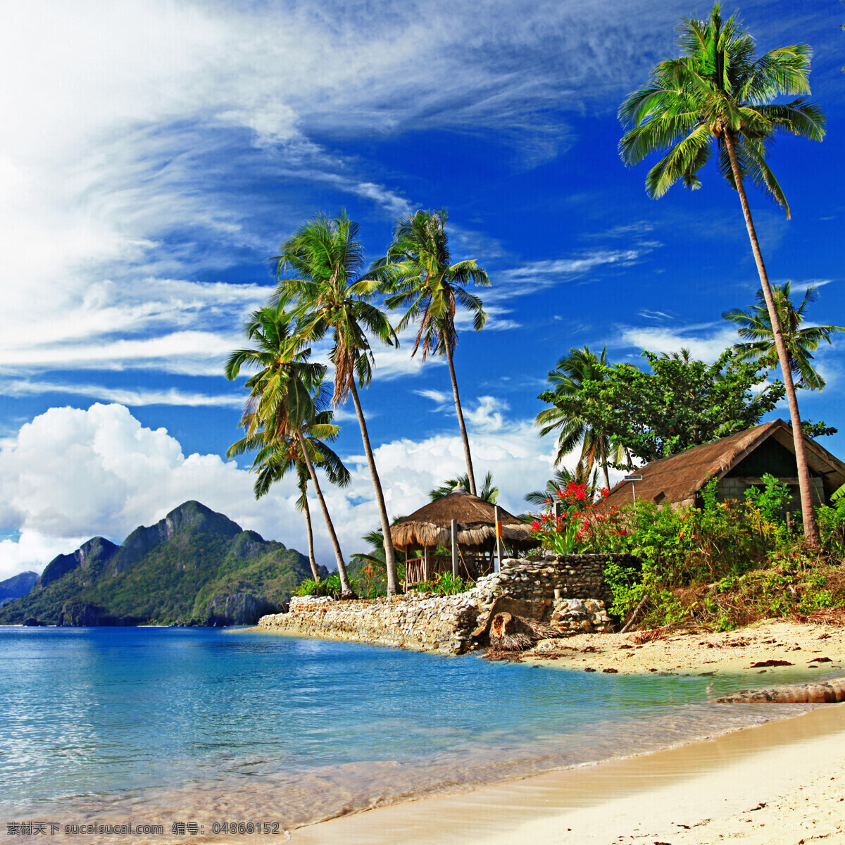 海边 美丽 景色 蓝天 白云 大海 海浪 沙滩 椰树 植物 高山 房子 自然风景 自然景观 蓝色