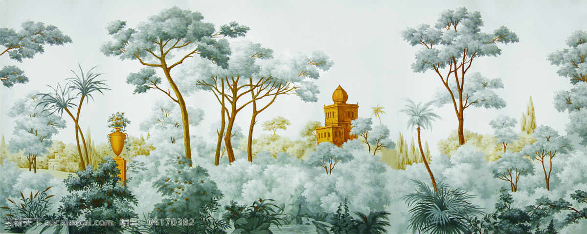 墙画 树 油画 树林 城堡 文化艺术