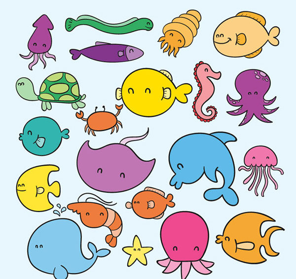 卡通 海洋生物 矢量 可爱 鱿鱼 鳗鱼 鱼 章鱼 海马 白色