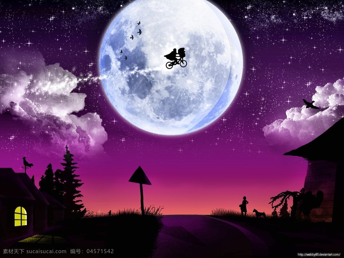 美丽 夜景 城市 天空 月亮 卡通 动漫 可爱