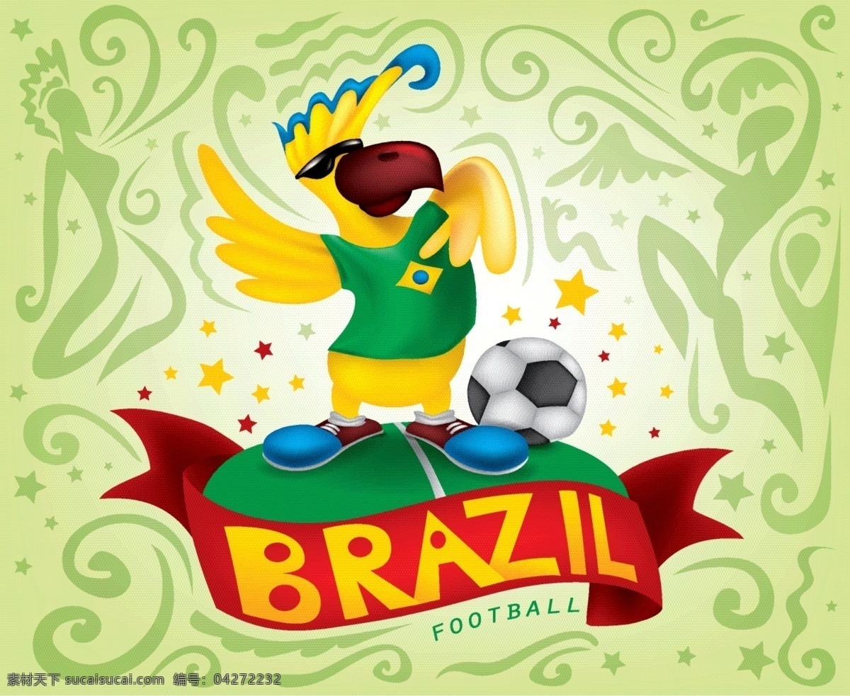巴西 世界杯 鹦鹉 背景 矢量 动物 鸟类 足球 体育 运动 体育运动 星星 底纹 花纹 丝带 横幅 条幅 装饰 球场 赛场 比赛 赛事 插画 海报 画册 卡通 文化艺术 白色