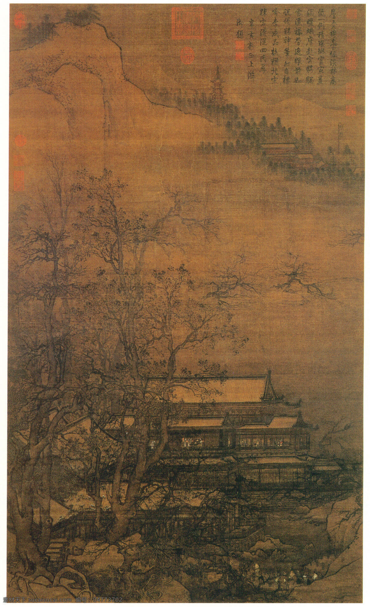 南 宋 寒林楼观图轴 设计素材 山水画篇 中国画篇 书画美术 棕色