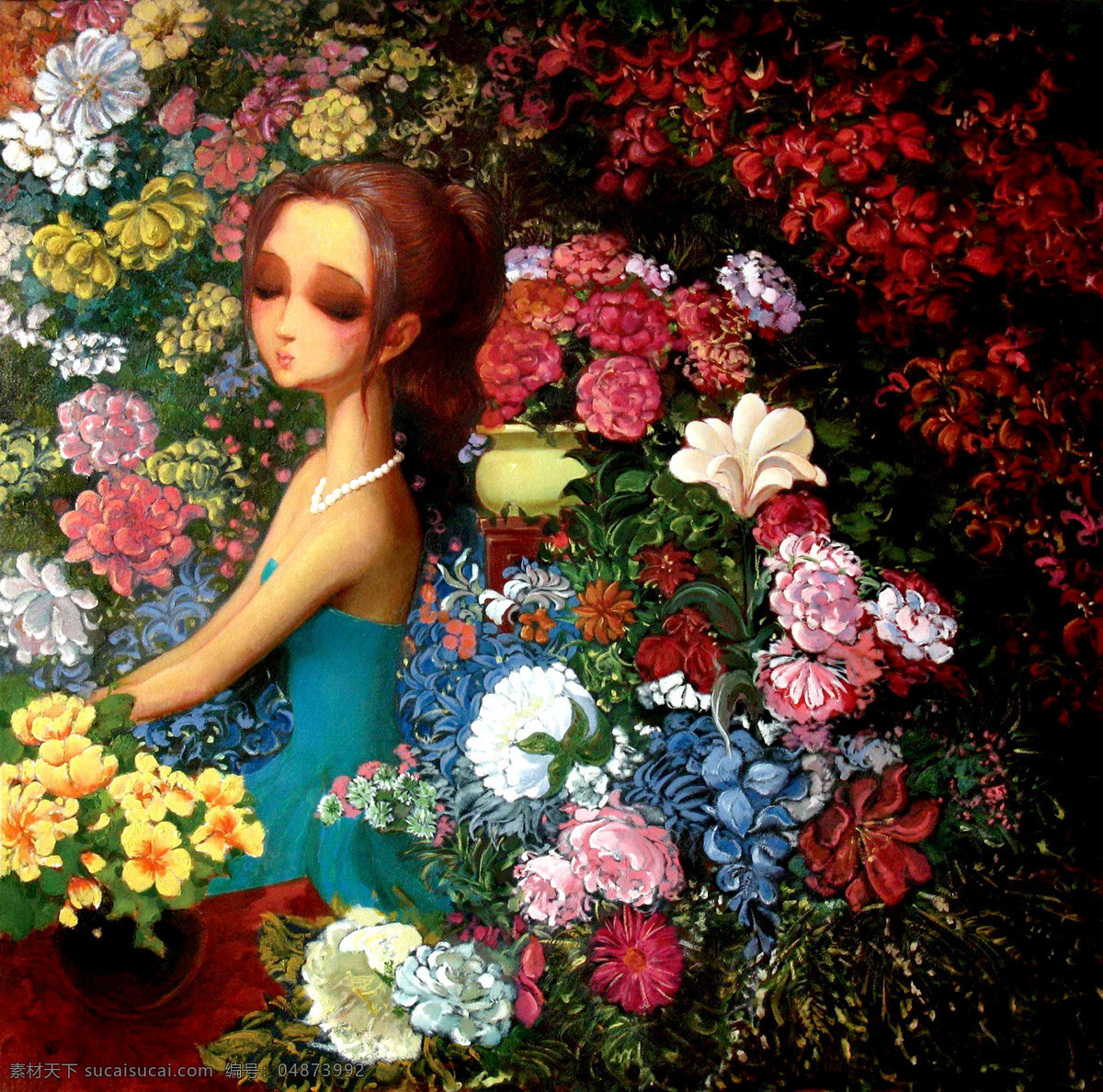 花朵 花季少女 花园 绘画书法 美术 女孩 女人 人物画 油画 少女 鲜花 油画艺术 油画作品46 文化艺术 装饰素材 无框画