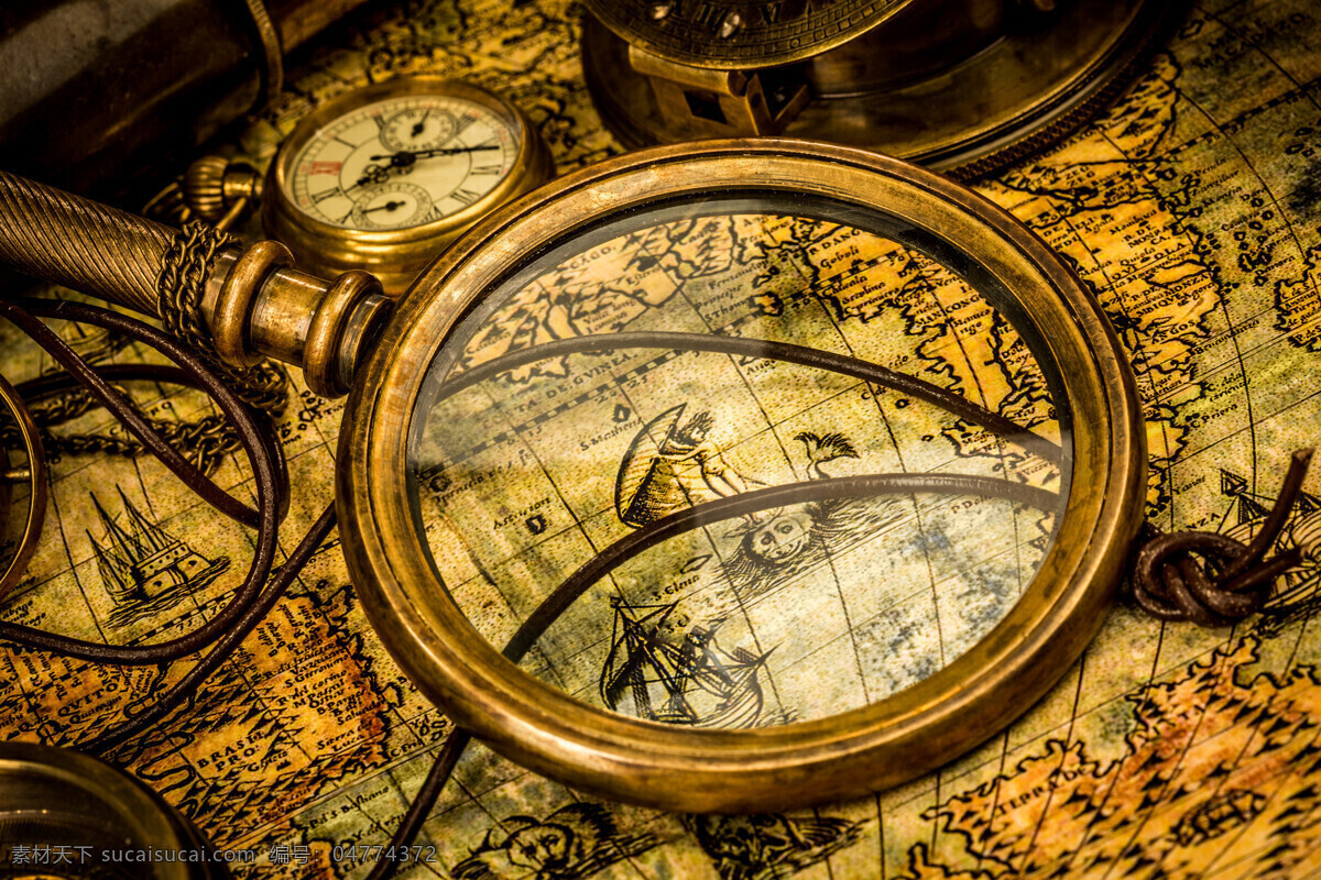地图 上 放大镜 指南针 复古怀旧 航海地图 航海用品 其他类别 生活百科 黑色