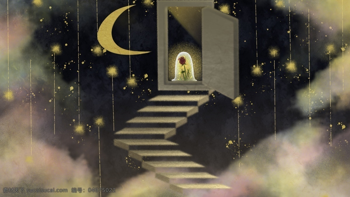 台阶 木门 星星 月亮 卡通 背景