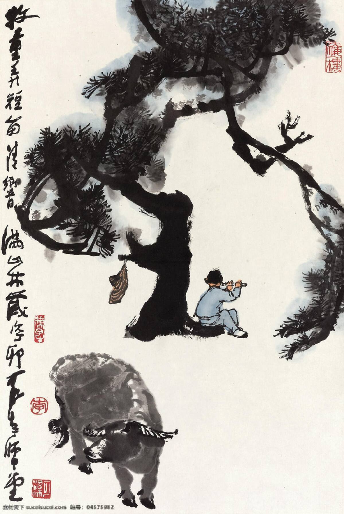 牧童 吹 笛 唤 牛 刺绣 室内装饰设计 松树 中国画 立轴 写意人物画 小童 放牧 李可染作品 工艺美术 平面广告 装饰设计 文化艺术
