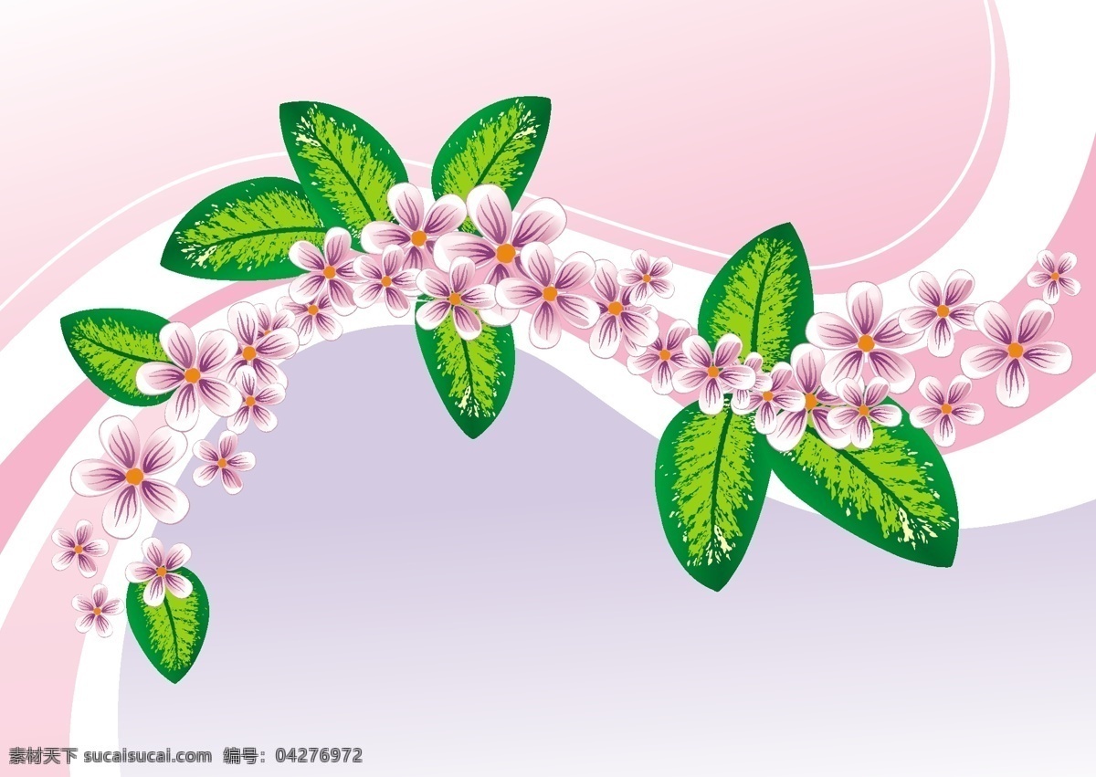 粉色 花朵 绿叶 动感 曲线 矢量背景 底纹边框 背景底纹 白色