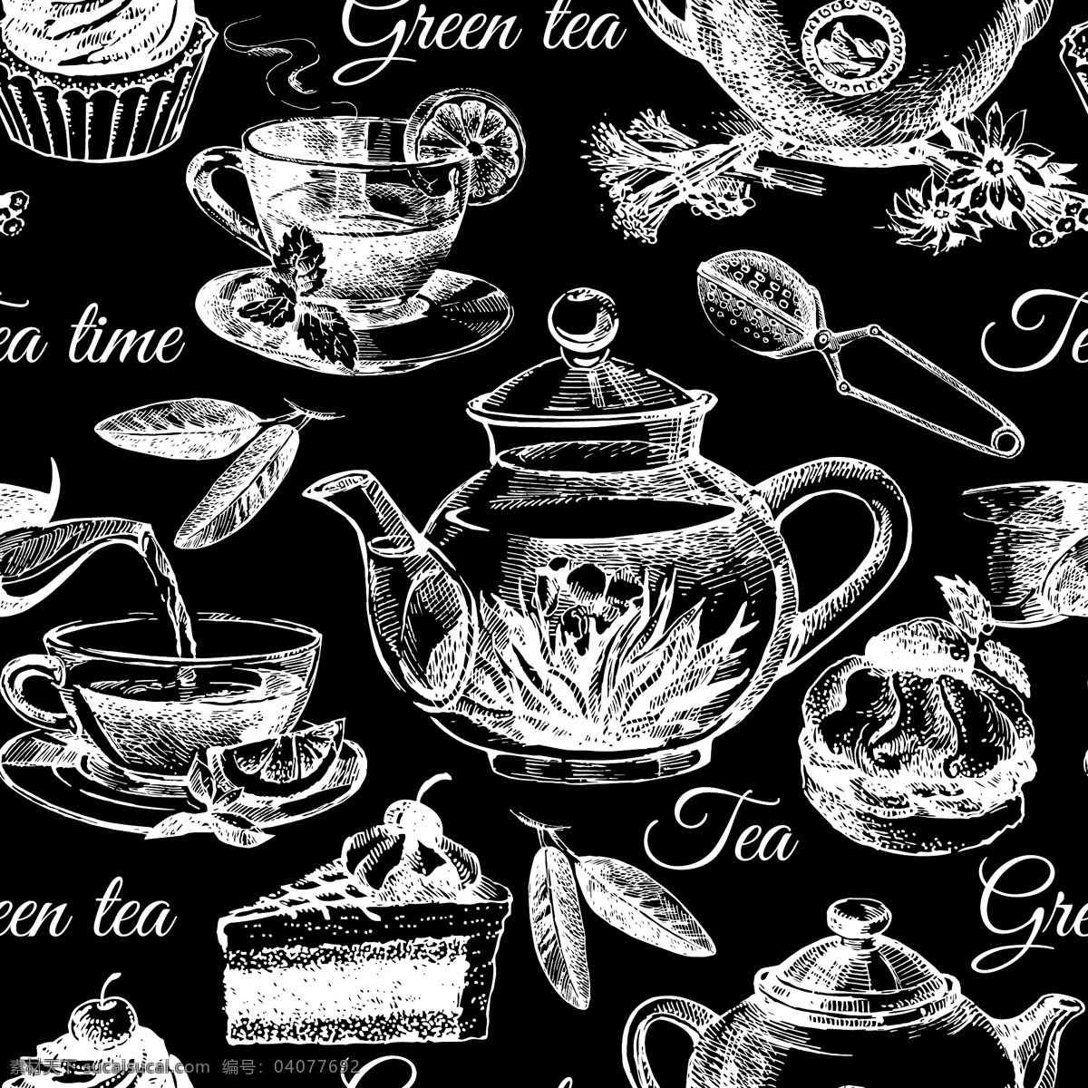 黑白 时尚 花茶 背景 底纹 手绘 茶壶 叶子 下午茶