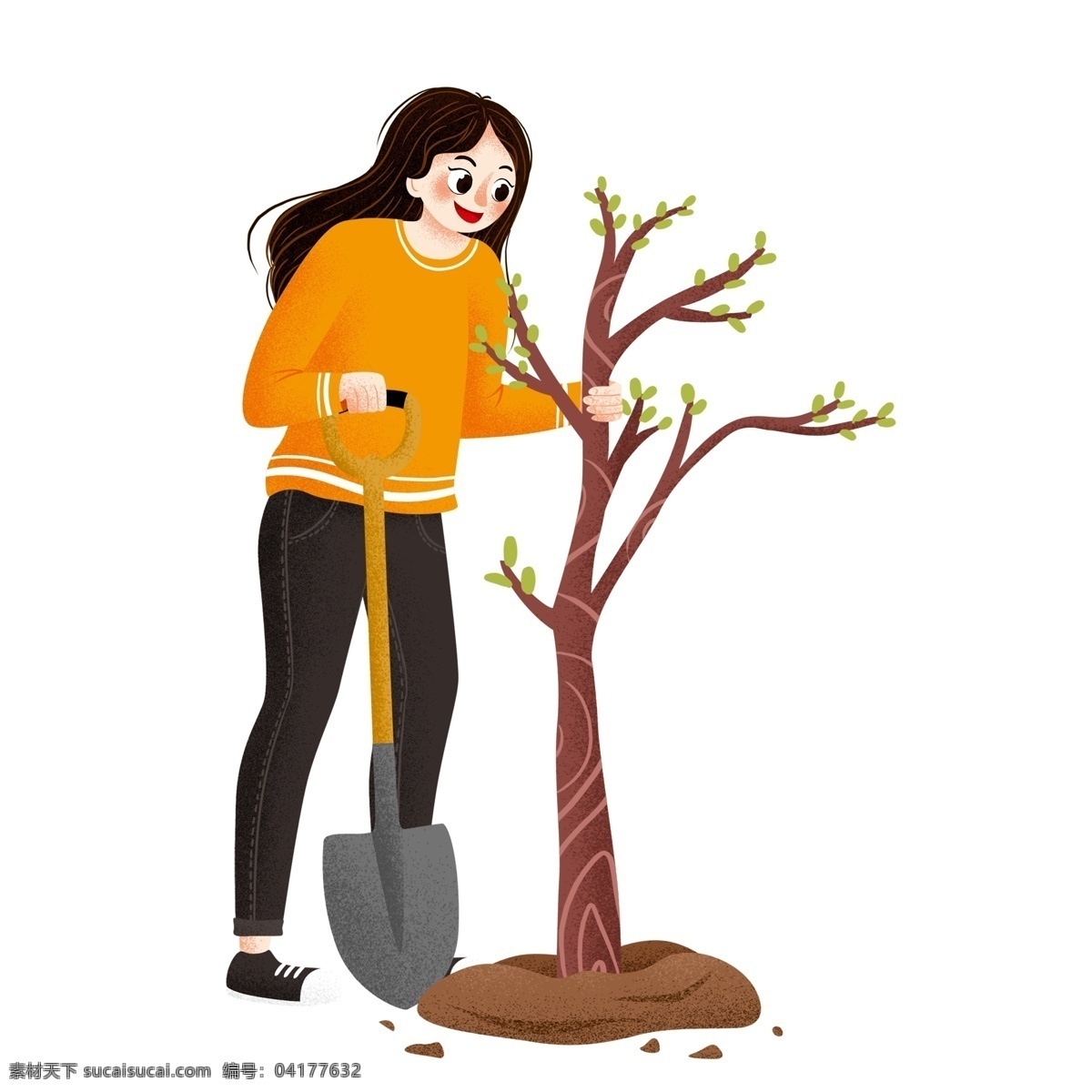 清新 手绘 种树 女生 插画 人物 卡通 春季 春天 植树 植树节 铲子 树苗 女孩