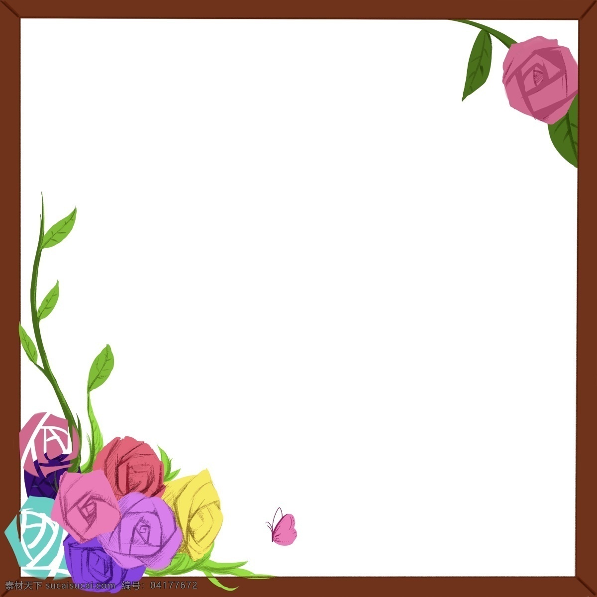 情人节 对角 花束 边框 装饰 木相框 蔷薇 绿叶 花瓣 浪漫 温馨 对角结构 紫色 粉红色 浪漫色系