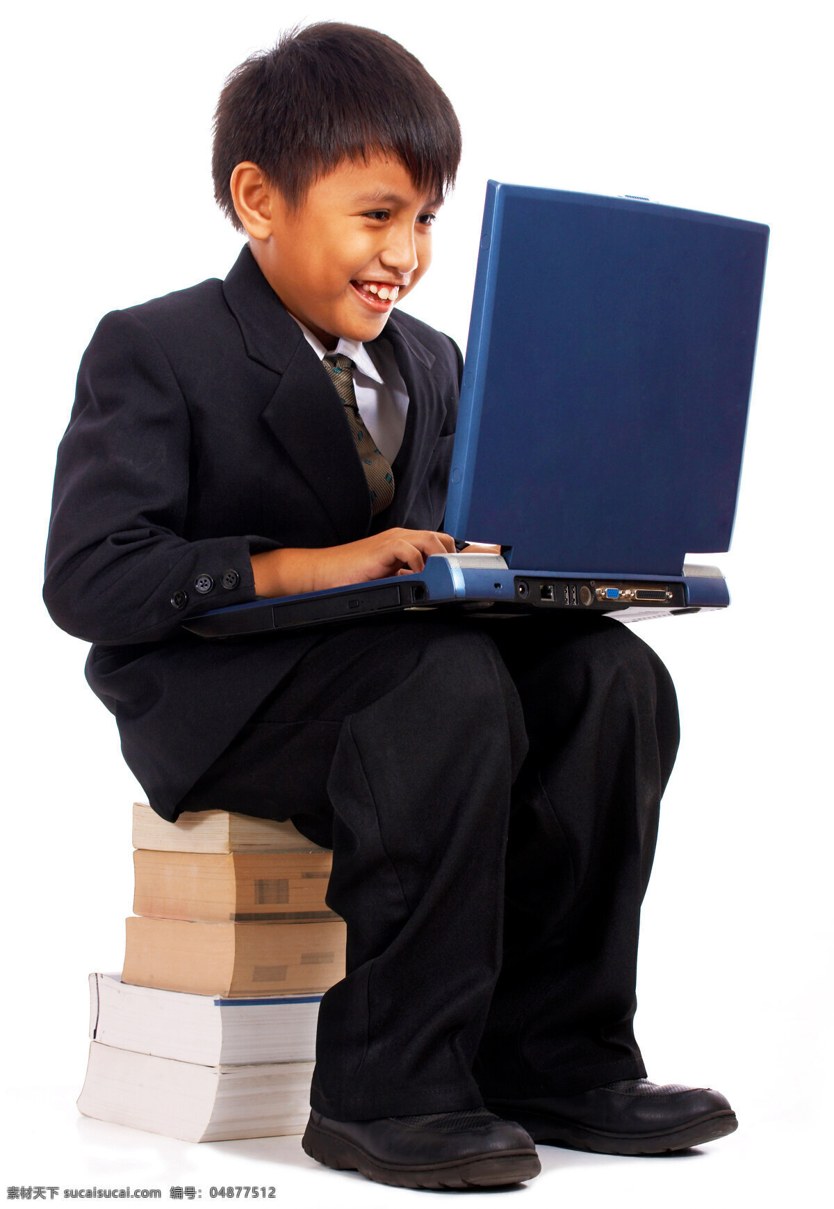 男孩 电脑 坐在 堆 书 白色