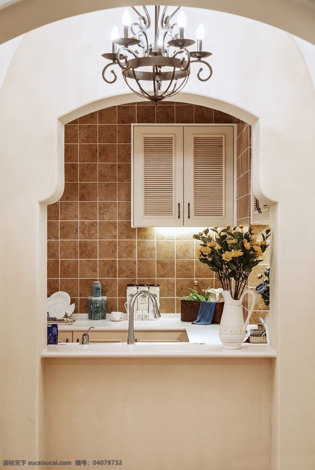 简约 风 室内设计 厨房 拱门 洗菜池 效果图 现代 料理台 白色 调 吊灯 壁柜 家装