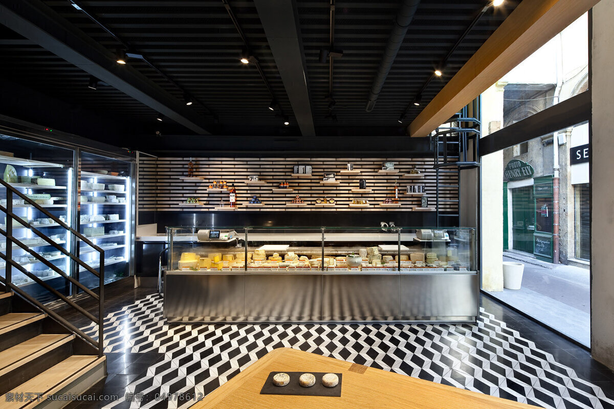 简约 时尚 甜品 店 灰色 收银台 装修 效果图 白色射灯 玻璃窗户 木质餐桌 甜品店