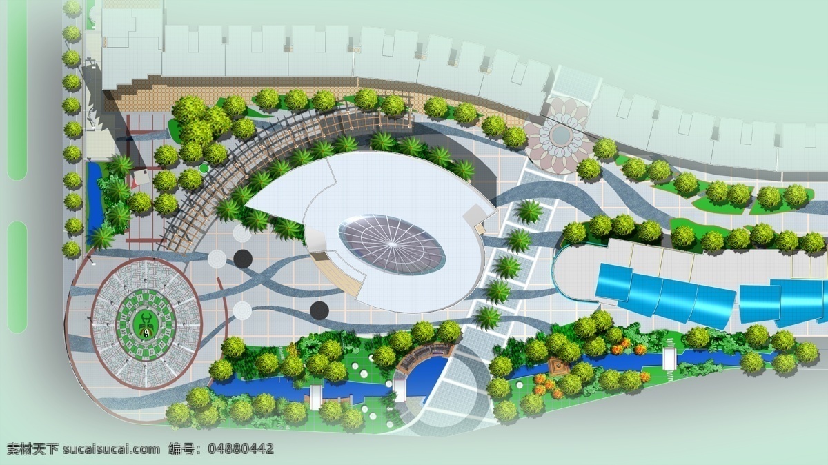 广场 规划 平面图 鲜花 草地 树木 游泳池 建筑物 灰绿色背景 环境设计 景观设计
