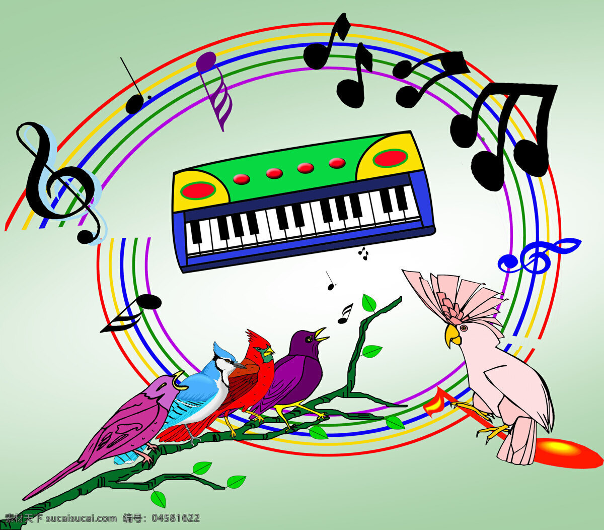 音乐 教室 挂图 电子琴 卡通鸟类 五线谱