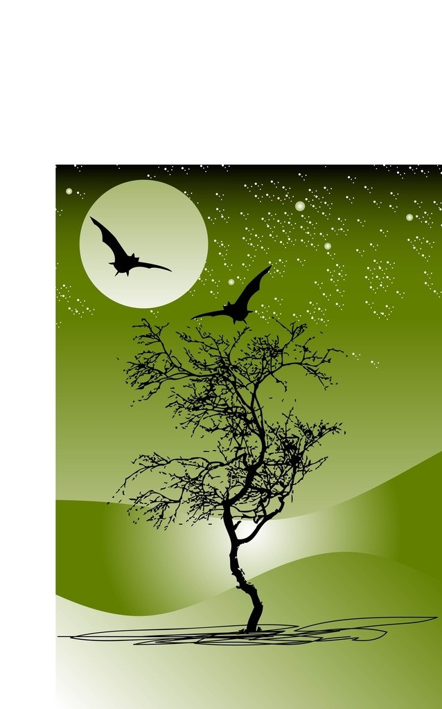 夜空星空 夜晚 夜空 星空 树木 树 大树 森林 树叶 小树 蝙蝠 飞行 天空 星星 闪烁 夜光 夜间 飞鸟 矢量 自然风景 自然景观