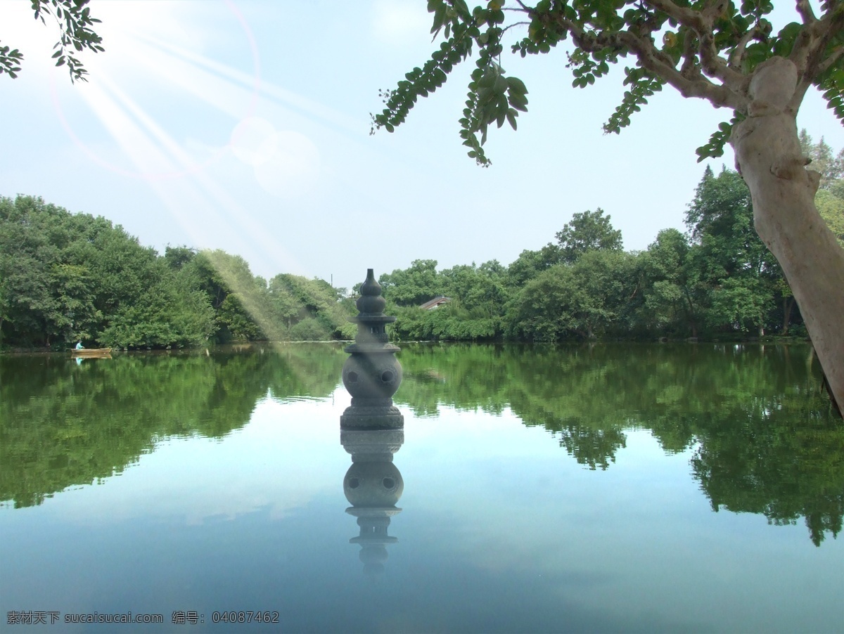 西湖三潭印月 杭州西湖 三潭印月 树枝 阳光 湖水 分层 风景 源文件库