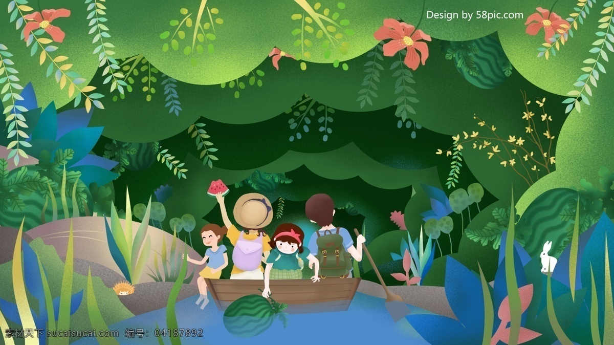原创 插画 旅行 森林 河流 女孩 旅游 唯美 绿色 船 旅行日记 花 草 探险 西瓜