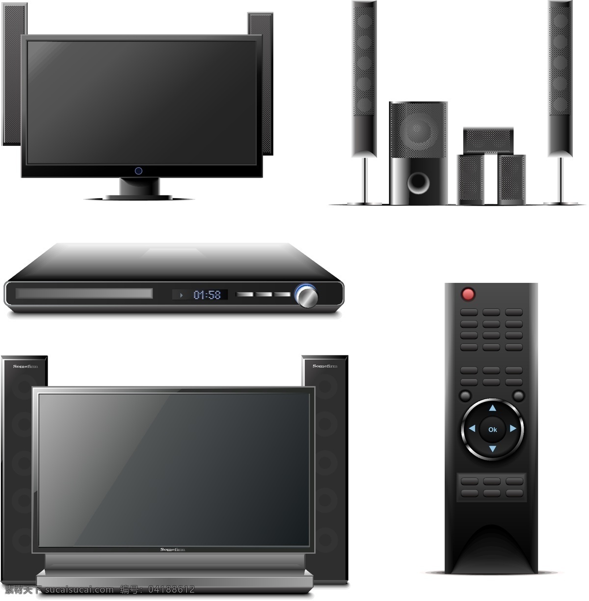 家庭影院 组合 矢量 电器 电视 蓝光 音箱 音响 光驱 远程控制 dvd的 矢量图 现代科技