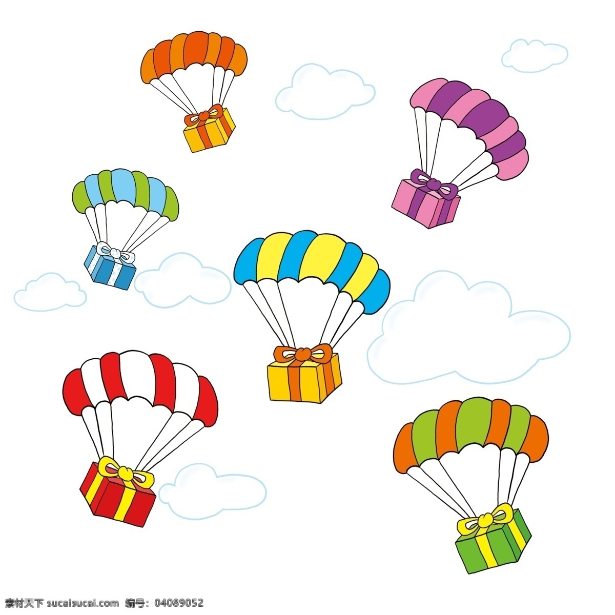 漂浮 下落 降落伞 礼物 云 天空 卡通 可爱 手绘