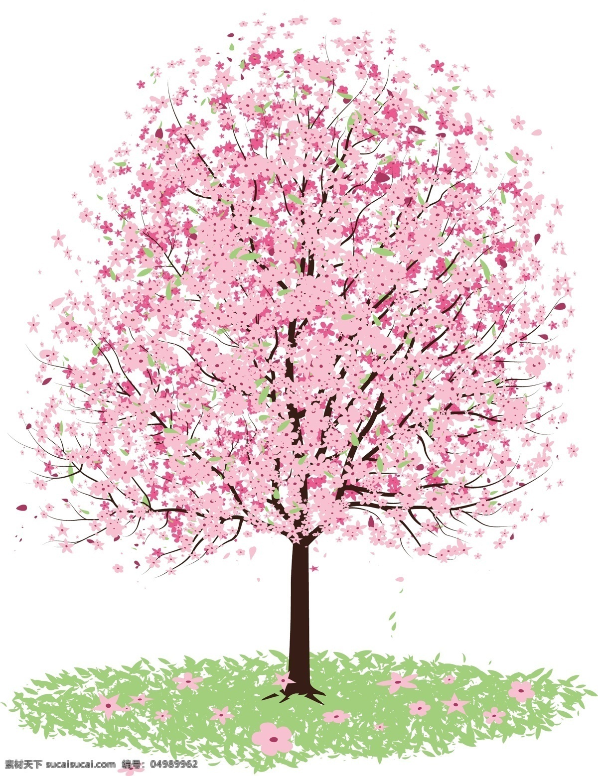 粉色花树 桃花 樱花 桃树 粉红 粉色 绿色 树枝 线条 春意 春天 春季 树木树叶 花树 花枝花束 卡通设计