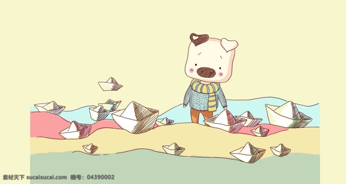 手绘 卡通 小 猪 纸船 思念 插图 小猪 白色