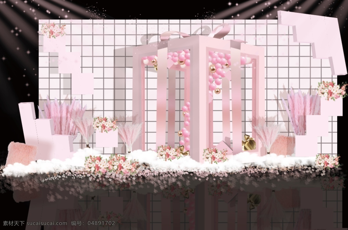 ins 风 粉色 婚礼 迎宾 区 效果图 礼物盒装饰 礼物盒 气球造型 粉色花艺 云朵 泡沫雕造型 粉色芦苇 粉白色婚礼
