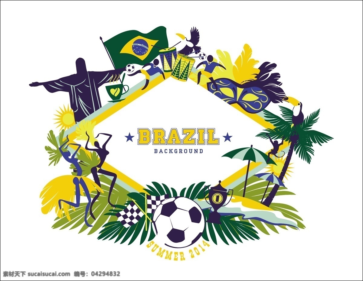 绿色 巴西 世界杯 海报 模板下载 足球 耶稣 椰子树 体育运动 生活百科 矢量素材 白色