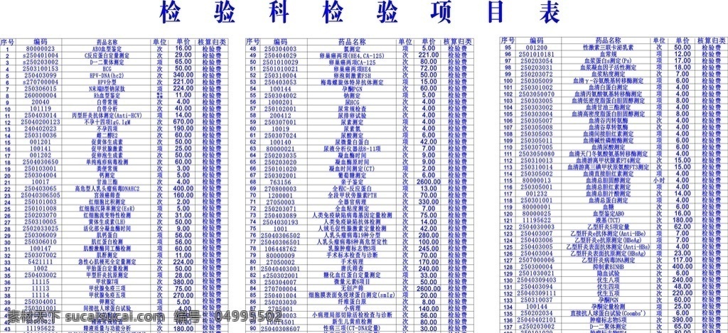 妇产医院 医院 检验科 检验项目表 价格表 展板 室内广告设计