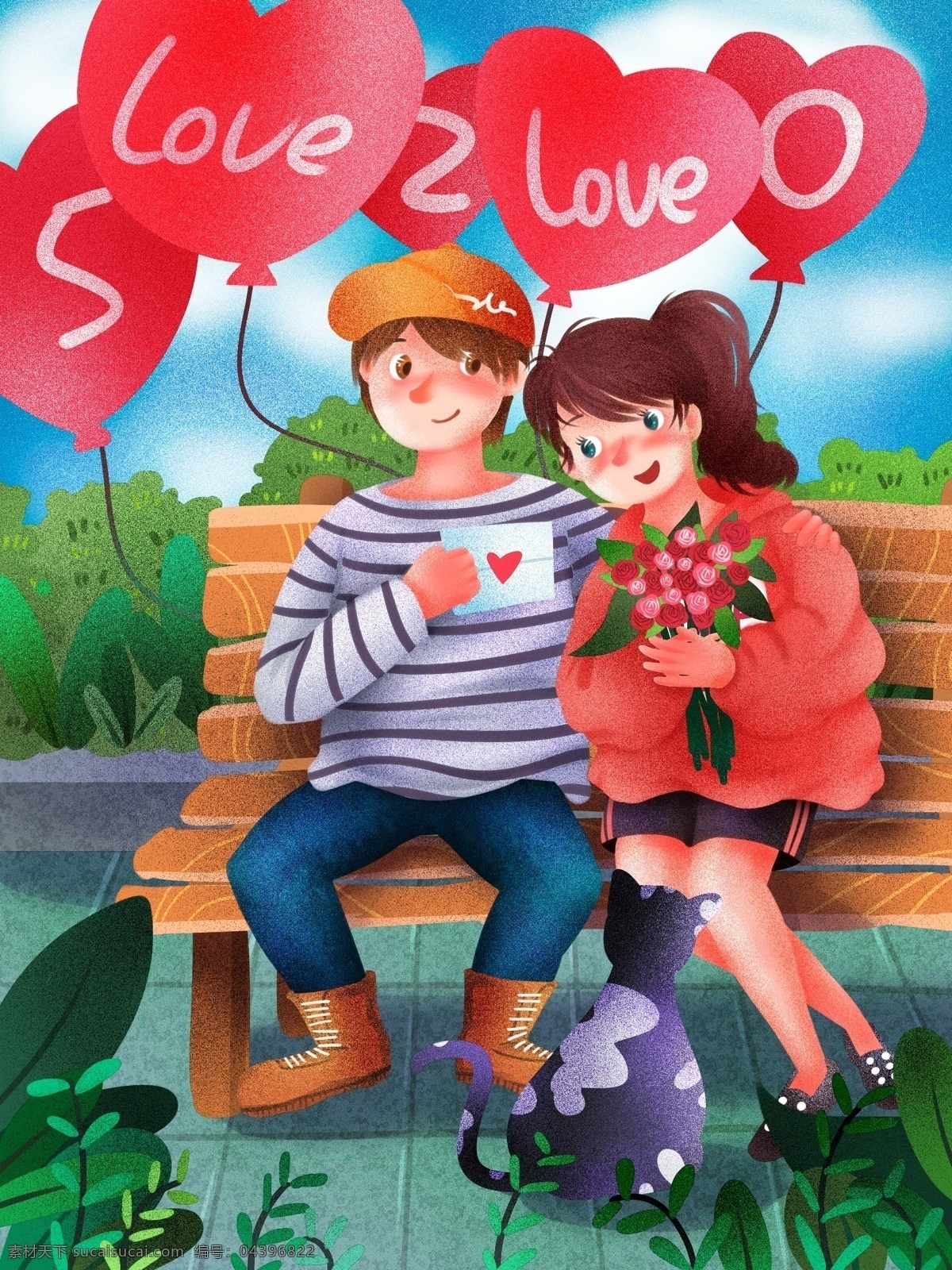 520 情侣 长椅 互相 表白 清新 浪漫 原创 插画 心形 气球 粉红 玫瑰花 表白信 依偎 猫咪 植物