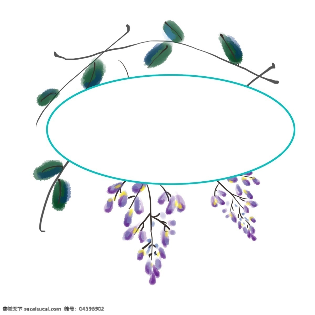 绿叶 文本 框 手绘 插画 漂亮 紫色的小花 绿色的叶子 植物装饰 可爱