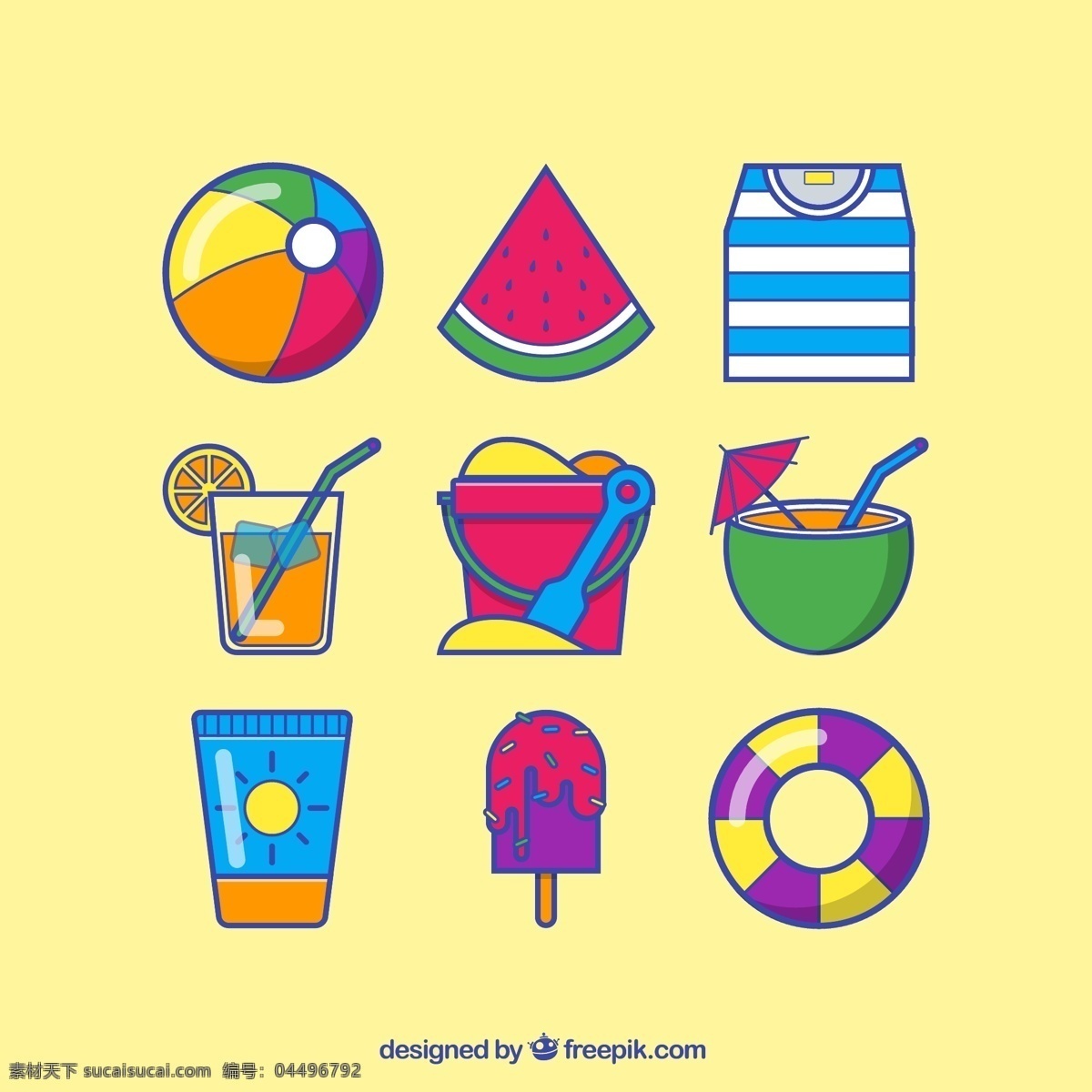 夏日 度假 元素 图标 沙滩球 西瓜 条纹衫 冷饮 沙子 椰子汁 矢量 高清图片
