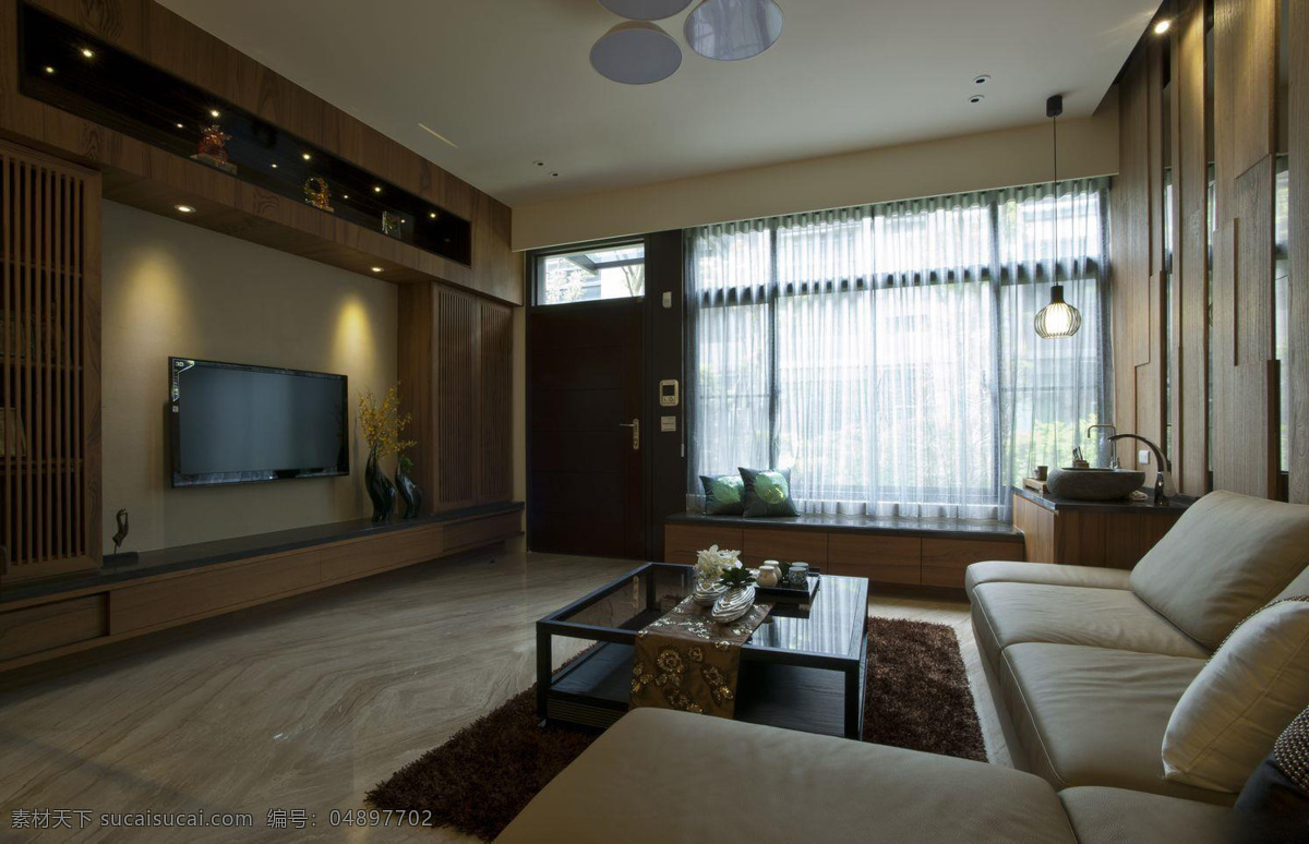 中式 混 搭 浅褐色 背景 墙 客厅 室内装修 效果图 客厅装修 木制地板 皮质沙发 白色吊灯
