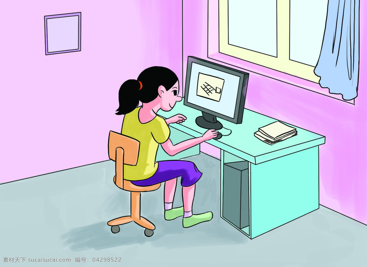 女孩 玩儿电脑 卡通电脑 女孩玩游戏 卡通房间 卡通插画 动漫动画 动漫人物