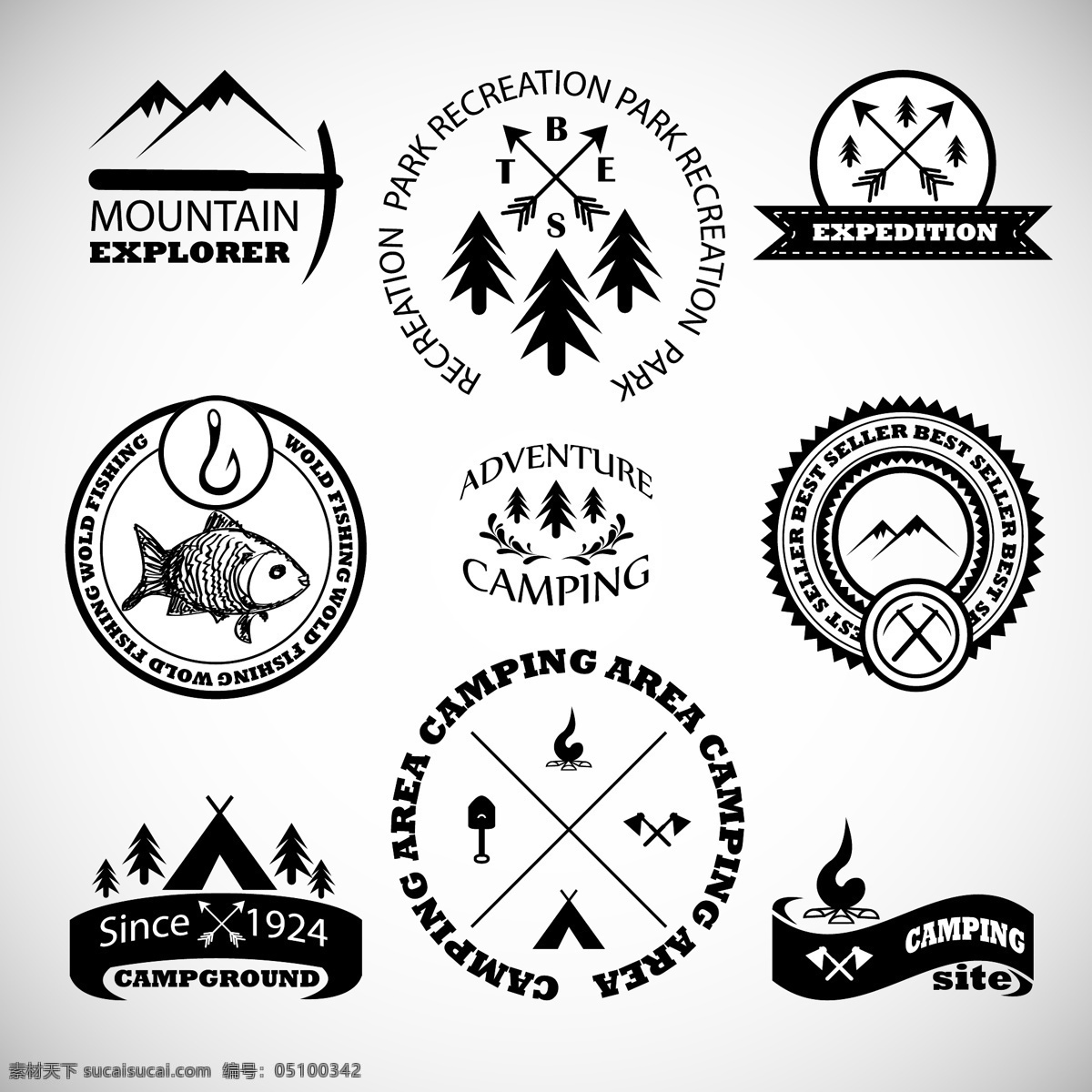 户外冒险 山峰 旅游 度假 露宿 野外 救生 篝火 火焰 帐篷 图标 标志 标签 logo 小图标 标识标志图标 矢量