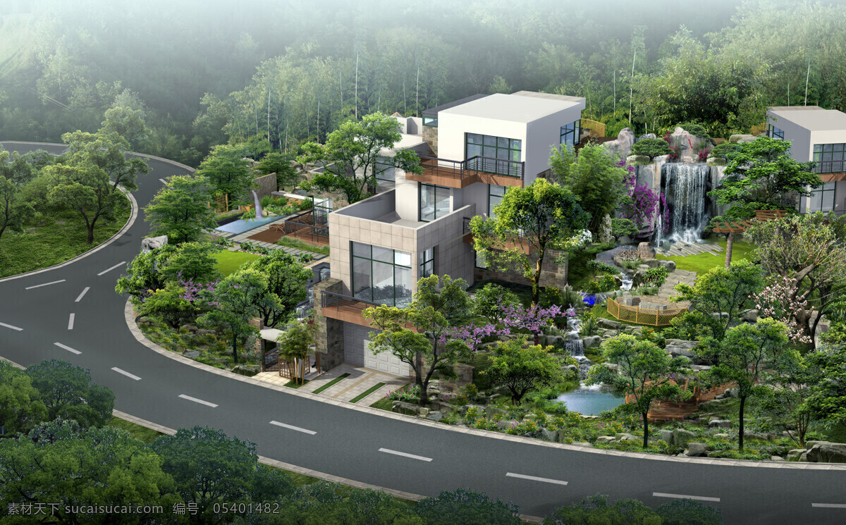 现代 别墅 建筑 效果图 道路 树木 建筑效果 建筑设计 俯瞰图 环境家居