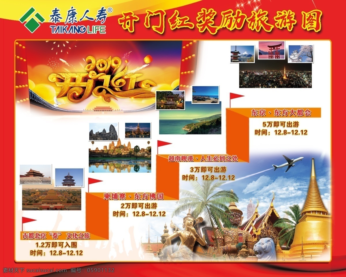 开门红旅游 泰康 人寿 保险 开门红 奖励 旅游 天坛 故宫 北京 阶梯 向上 柬埔寨 泰国 国际 红色 喜庆
