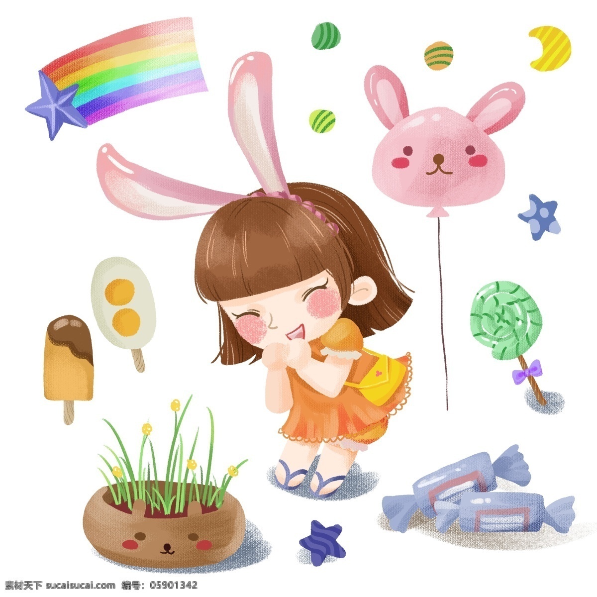 手绘 卡通 可爱 儿童节 小女孩 开心 尖叫 儿童 气球 兔子 糖果 冰棍 冰淇淋