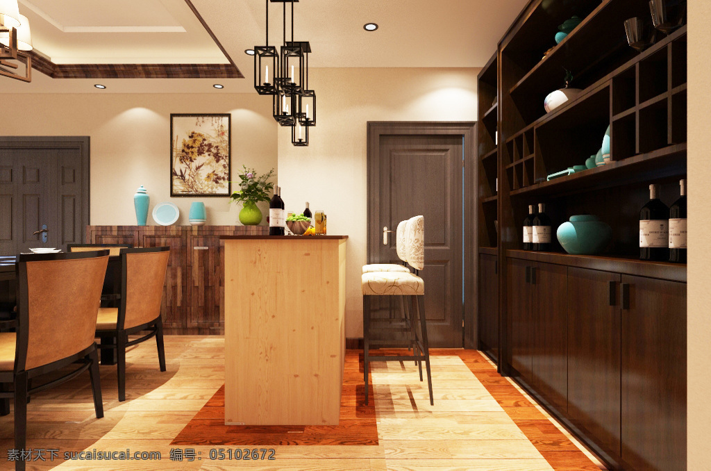 新 中式 风格 吧台 装饰装修 效果图 装饰画 室内装修 室内设计 3d模型 新中式风格 新中式吧台 吧台效果图 边柜