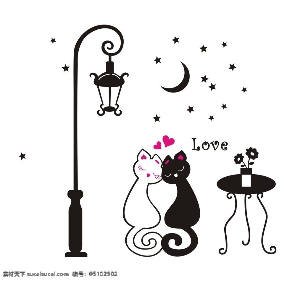 手绘墙画 灯 月亮 星星 心 猫 桌子 花 矢量