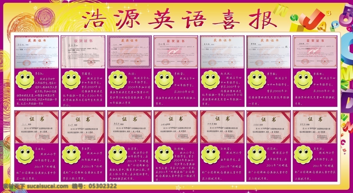 cs3 ps分层 广告设计模板 简介 奖状 数字 喜报 学校喜报展板 展板 星星 笑脸 紫色块 字母 展板模板 源文件 其他展板设计