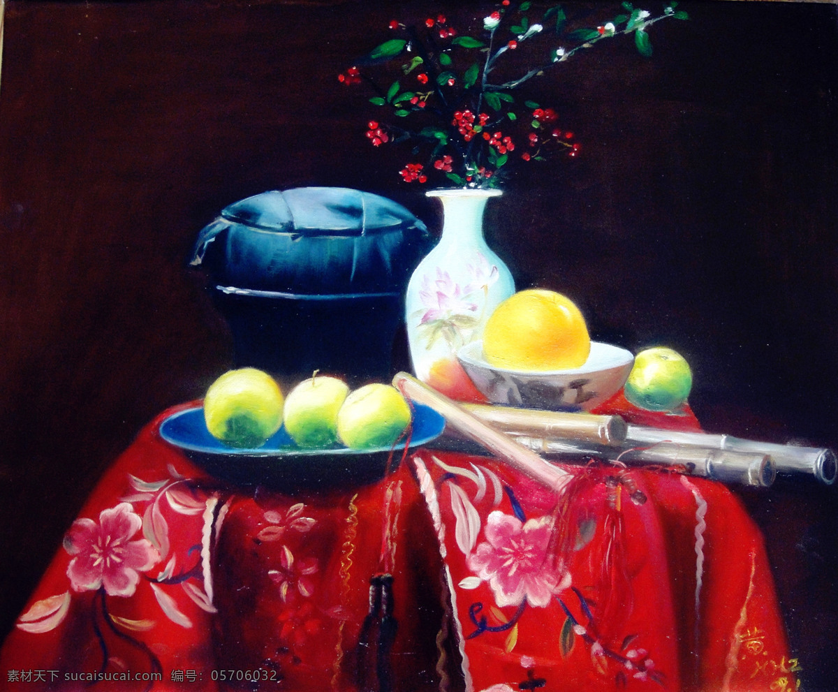 花木 花瓶 绘画书法 美术 水果 陶瓷 文化艺术 油画静物 油画 静物画 台布 竹笛 油画艺术 油画作品47 家居装饰素材