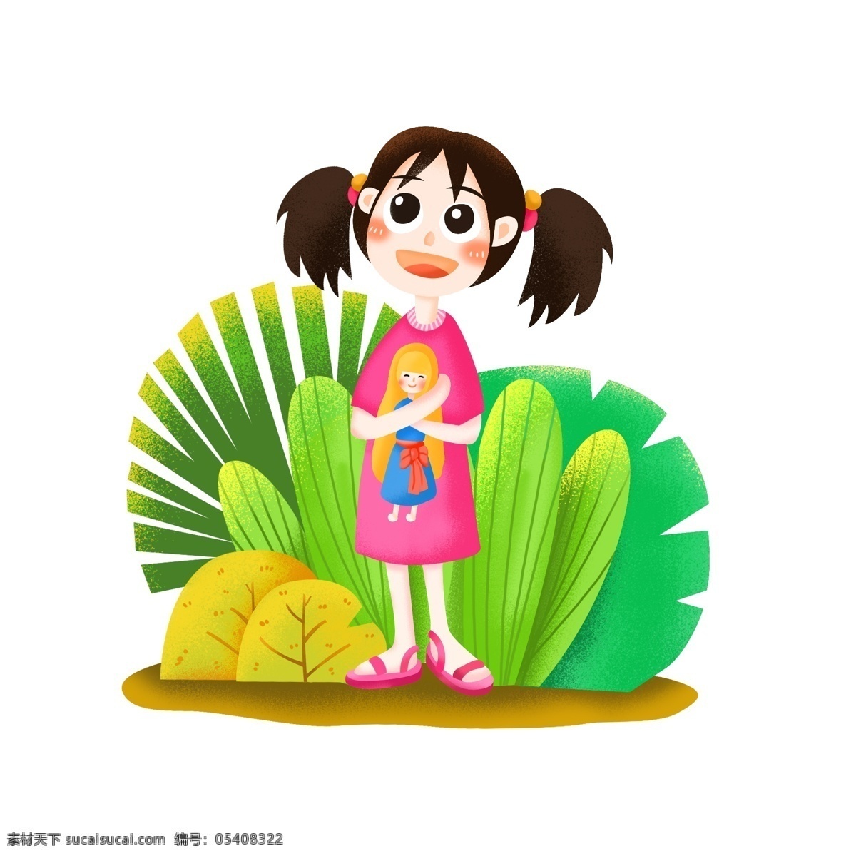 小女孩 六一儿童节 植物 卡通 可爱 装饰 元素 女孩 洋娃娃 人物 儿童 六一节