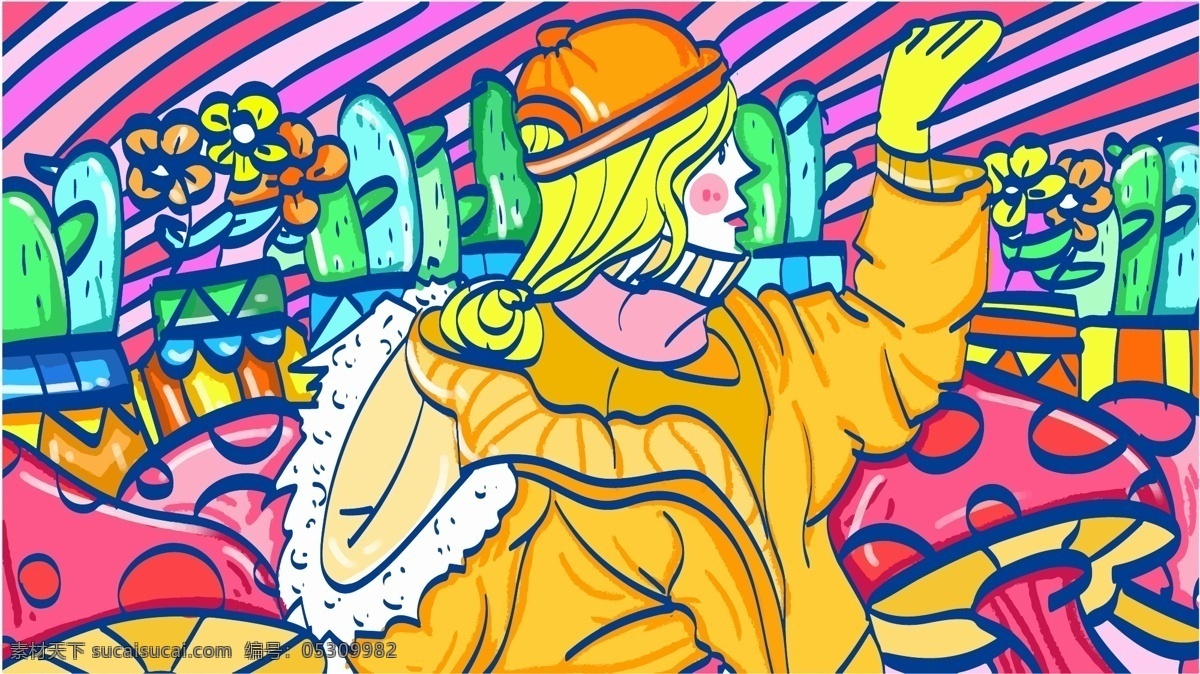 冬季 穿 棉袄 带 帽子 可爱 漂亮 女孩 花朵 人物 绿色 彩虹 插画 渐变 矢量 卡通 蘑菇 植被 仙人掌 小清新 扁平化 治愈系 寒冷 粉色 戴帽子 插图 海报 壁纸 配图 背景 装饰画
