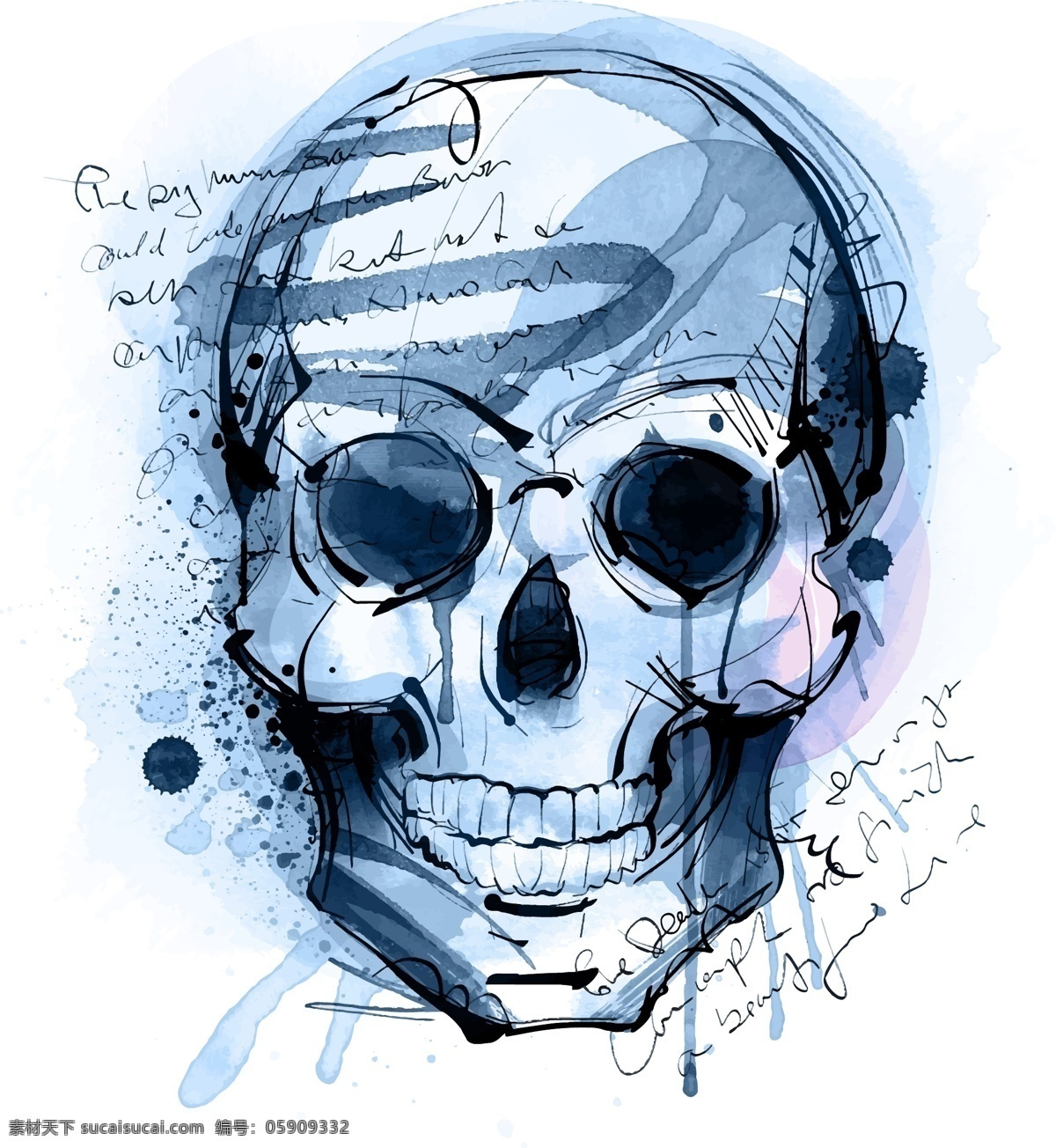 手绘 骷髅 头 现代 个性 涂鸦 矢量 蓝色 酷炫 彩色 创意