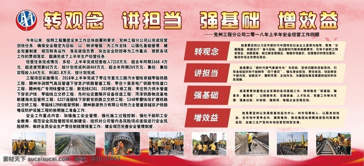 转观念 讲担当 强基础 增效益 改革创新 展板 蓝色 分层
