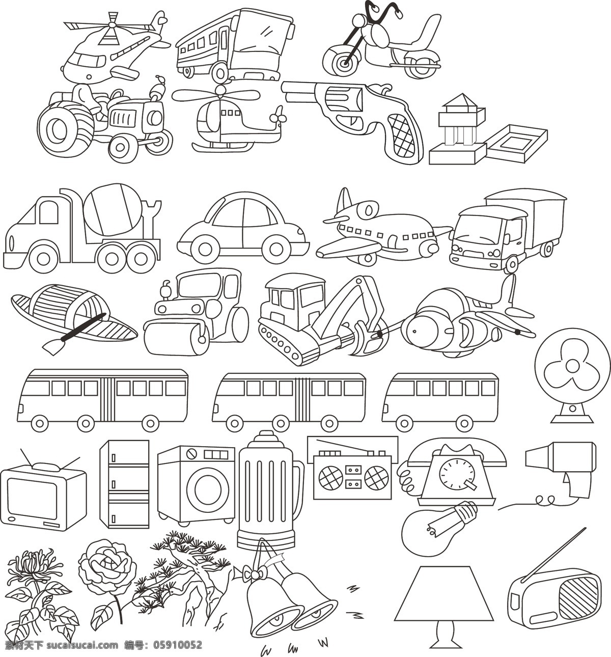 教辅 绘画 卡通 汽车 电器 收音机 飞机 摩托车 铃铛 风扇 花朵 插画冰箱 水壶 卡通设计