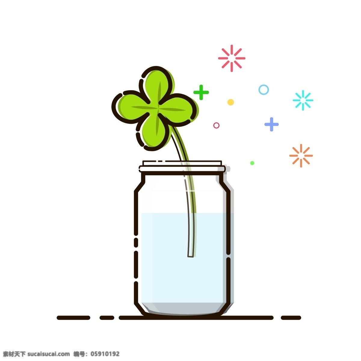 手绘 矢量 mbe 水瓶 装 植物 手绘矢量 四叶草 幸运 祝福 可爱 小清新 水 玻璃瓶子 水生