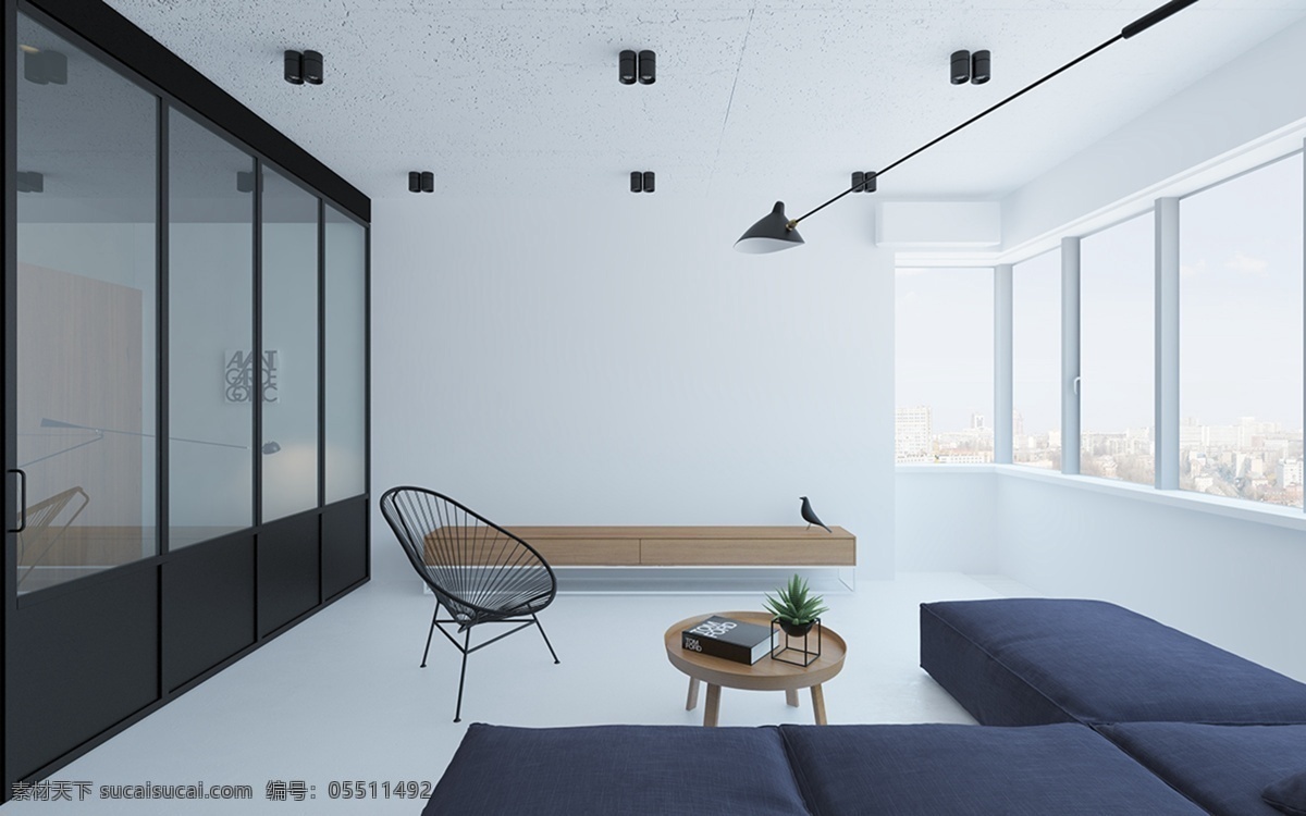 现代 时尚 极 简 客厅 墨 蓝色 沙发 室内装修 效果图 白色地板 黑色壁灯 客厅装修 深蓝色沙发