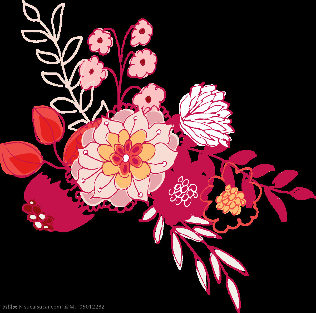 手绘 深 玫 红色 花卉 透明 粉红色 勾线 免扣素材 水彩 透明素材 小花 叶子 装饰图案
